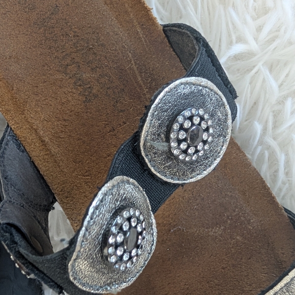 Naot Wedge Slide Sandals Silver Metallic Black Rhinestone Cork Footbed 39 8 - Picture 4 of 7